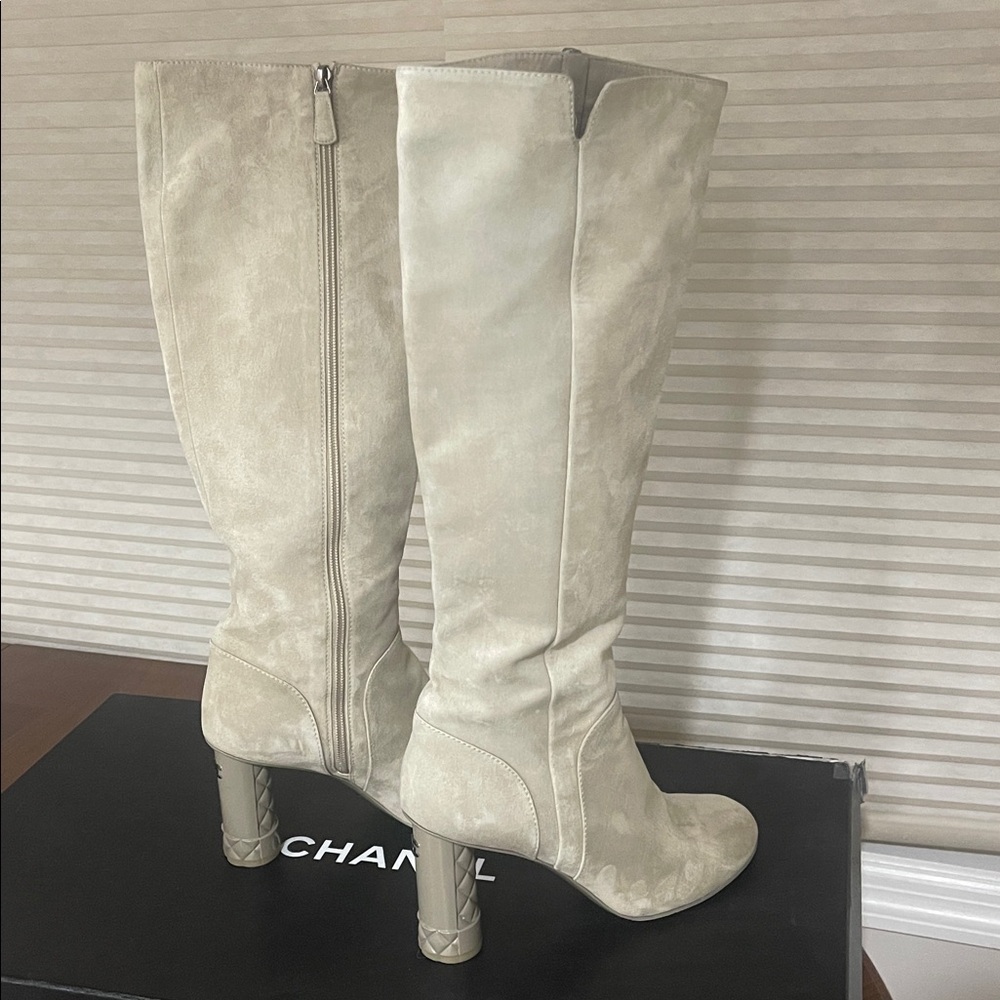 CHANEL Suede Beige CC Tall Knee High Heel Boots